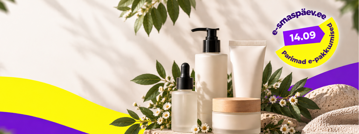 Four skincare products including a pump bottle, dropper bottle, tube, and jar arranged on a stone slab with green leaves and white flowers. The background is white with yellow and purple graphic waves, and a yellow and purple promotional badge in the top right corner.